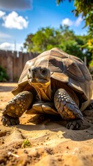 Giant tortoise posing on sandy ground under blue sky