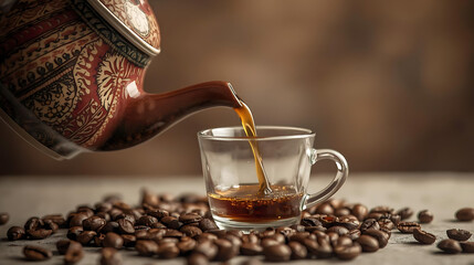 Indonesian batik-patterned teapot, brown, pouring caramel coffee into a glass, showing coffee flowing through the teapot into a horizontal cup with a blurred background of Indonesian luwak coffee bean