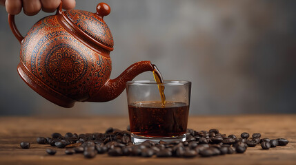 Indonesian batik-colored teapot pouring caramel coffee into a glass, showing the coffee flowing through the teapot into a horizontal cup with a blurred background of Indonesian luwak coffee beans.