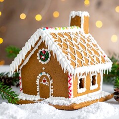 Gingerbread house decorated with icing and candy, holiday scene