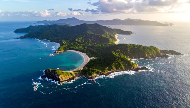 Aerial view of a lush green island with sandy beaches and turquoise waters - Powered by Adobe