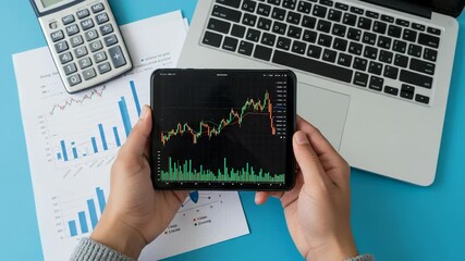 Person analyzing stock market data on a smartphone - Powered by Adobe