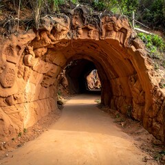 A tunnel carved into a hillside, with a path leading to a dark opening, sunlight present