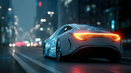 Innovative electric car cruising through a futuristic city at night with glowing lights and neon reflections