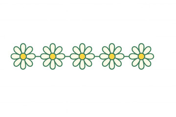 Daisy flowers separating line with green stems, cute floral divider, simple graphic design element on transparent background