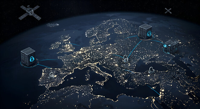 Digital Network Map Of Europe With Satellite Imagery Showcasing Connectivity And Data Flow Across Urban Centers At Night - Powered by Adobe