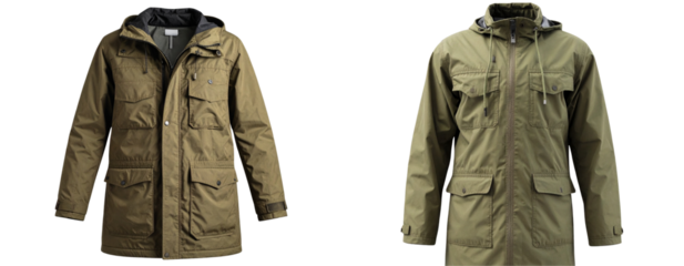 Khaki Fishtail Parka with Utility Pockets Front View Isolated on Transparent Background