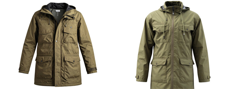 Khaki Fishtail Parka with Utility Pockets Front View Isolated on Transparent Background
