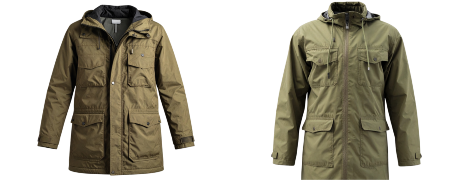 Khaki Fishtail Parka with Utility Pockets Front View Isolated on Transparent Background