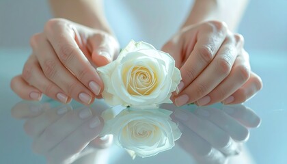 Adult hands balancing a white rose on glossy acrylic with a soft reflection high key light clean minimal styling refined floral still life with generous copy space for elegant layouts.