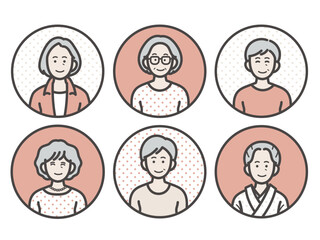 グレイヘアのシニア女性のアイコンイラストセット