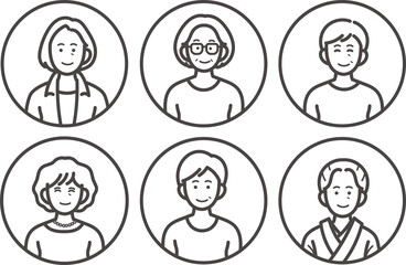シニア女性のイラストアイコンセット　線画のみ