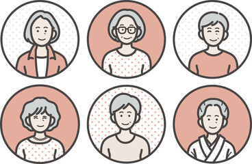 グレイヘアのシニア女性のアイコンイラストセット