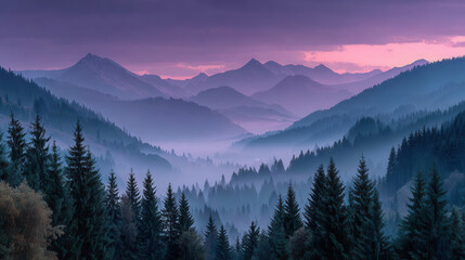 Obraz premium Misty mountain landscape at twilight with purple skies and towering trees in the foreground