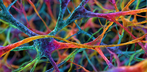 Colorful neural network structures showcasing intricate connections and vibrant patterns found in neurological studies