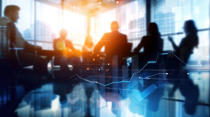 Business Team Meeting in Modern Office with Digital Graphs and Bright Natural Light