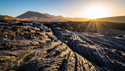 Volcanic pumice plain with obsidian rope textures at sunrise low raking light carving faceted patterns across the igneous crust clean composition and open copy space for geology and climate themes.