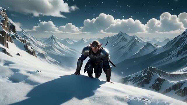 Elf warrior climbs a snowy mountain in winter armor with a sword on his back under a cloudy sky showcasing determination and fantasy adventure quest