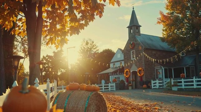 Autumnal church decorated with pumpkins and fall foliage at golden hour, evoking a festive and cozy harvest season atmosphere.