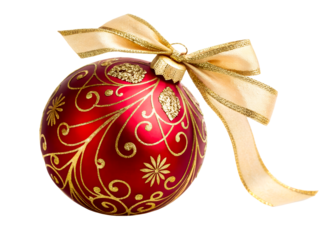 Red Christmas ornament with gold scroll design and festive bow