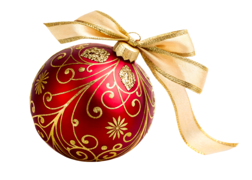 Red Christmas ornament with gold scroll design and festive bow