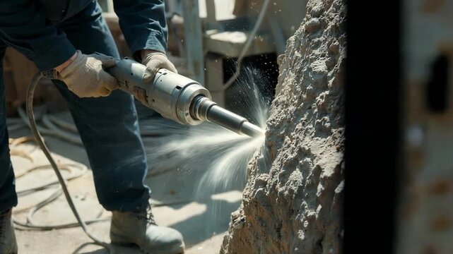 Construction worker using a jackhammer to break rock with dust and debris flying in a construction site on a sunny day showing hard labor and demolition work