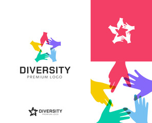Modern diversity logo design, vector template of multi-colored hands creating a star shape for corporate branding and social groups