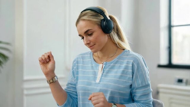 Blissful woman enjoying music with headphones in a bright room dancing gently with a serene expression of relaxation and contentment at home