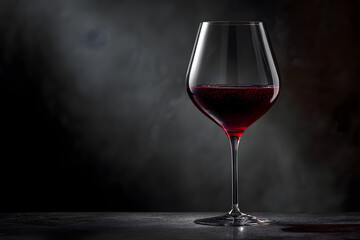Cinematic Ultra Realistic Photograph of a Single Wine Glass with Red Wine Against Dramatic Dark Background