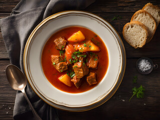 Traditional Hungarian Goulash Stew with Potatoes and Fresh Herbs on Rustic Wooden Table