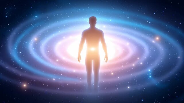 A glowing quantum energy field radiating colorful light waves, symbolizing the law of attraction and manifestation through powerful thoughts and emotions.