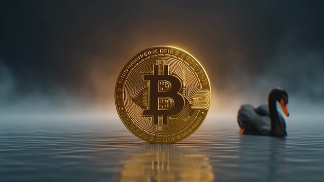 A glowing Bitcoin coin floating in the center of the image with a black swan in the background, symbolizing financial unpredictability and extreme price movements.