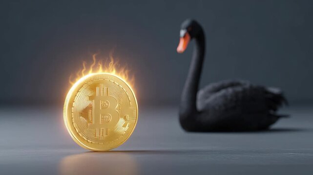 A glowing Bitcoin coin floating in the center of the image with a black swan in the background, symbolizing financial unpredictability and extreme price movements.