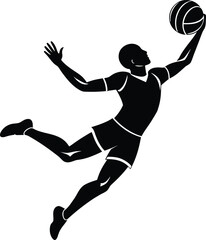 Silhouette of a basketball player leaping mid-air with an outstretched arm dunking a basketball. Energetic and dynamic pose against a white background.