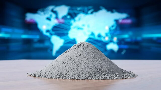 Rare earth mineral powder placed with a world map background, representing the global supply chain and international trade. Export control measures of rare earth minerals between countries.