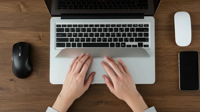 Hands typing on a laptop with computer accessories