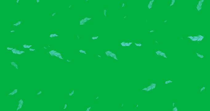 Digital animation of multiple green feather icons falling against black background