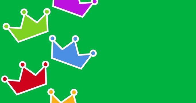 Digital animation of colorful crown icons falling against black background
