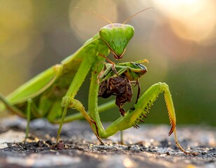 Green insect eating prey on rough surface, soft bokeh background