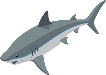 Illustration of a gray shark with a streamlined body, sharp teeth, and a prominent dorsal fin, set against a plain white background.