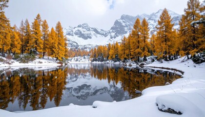 Alpine tarn ringed by golden larch during the first snowfall mirror still water falling flakes early season calm with clean copy space for nature travel and editorial uses.