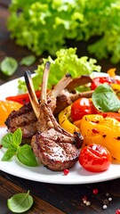 Grilled lamb chops on a white plate with grilled veggies