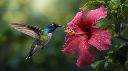 Naklejka premium Magnificent hummingbird feeding on pink flower