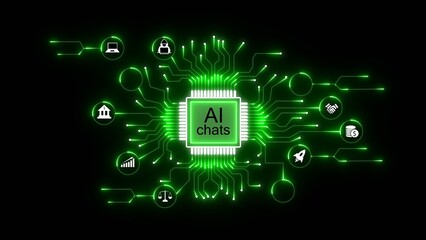 Glowing green artificial intelligence chip with connected icons representing business and technology
