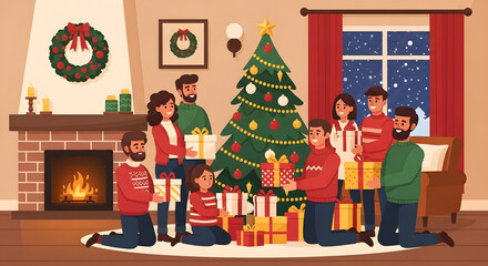 Fototapeta premium Joyful family exchanging Christmas gifts with love and laughter near a cozy fireplace and decorated tree, creating cherished holiday memories in their warm and inviting home