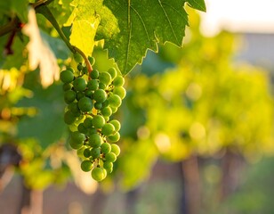 Immature green grapes hanging from a vine with green leaves and blurred background