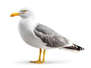 Yellow Legged Gull Standing on White Background with Clear Details of Feathers and Unique Beak Characteristics