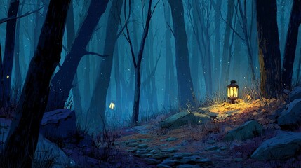Halloween Night Forest Scene with Lantern-Lit Trail Through Dark Woods 