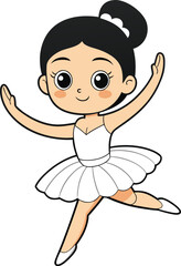 Cute cartoon ballerina with a big smile, wearing a white tutu and ballet shoes, gracefully dances on one leg against a plain white background.