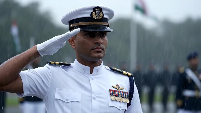 Indian Navy Officer Saluting During Republic Day Parade Ceremony Under Rain, Patriotic Display of Armed Forces
